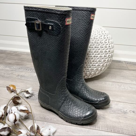Hunter Carnaby Snake Boa Tall Wellies Rain Boots Black Size 6M - Picture 4 of 10